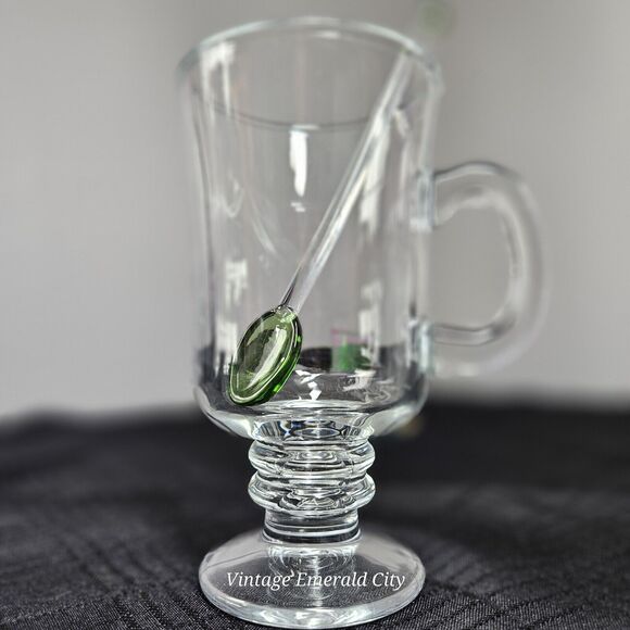 Set Of Glass Irish Coffee Hot / Cold Footed Clear Mug & Emerald City Green Spoon - Picture 5 of 13